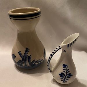 Vintage Lot of 2 Delft Pitcher and Delft Vase